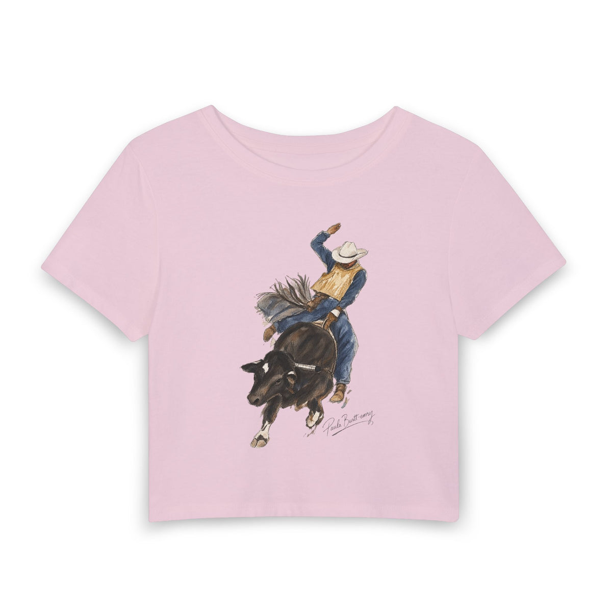 Women's Baby Tee water color bullrider painted by Paula burtt-emry