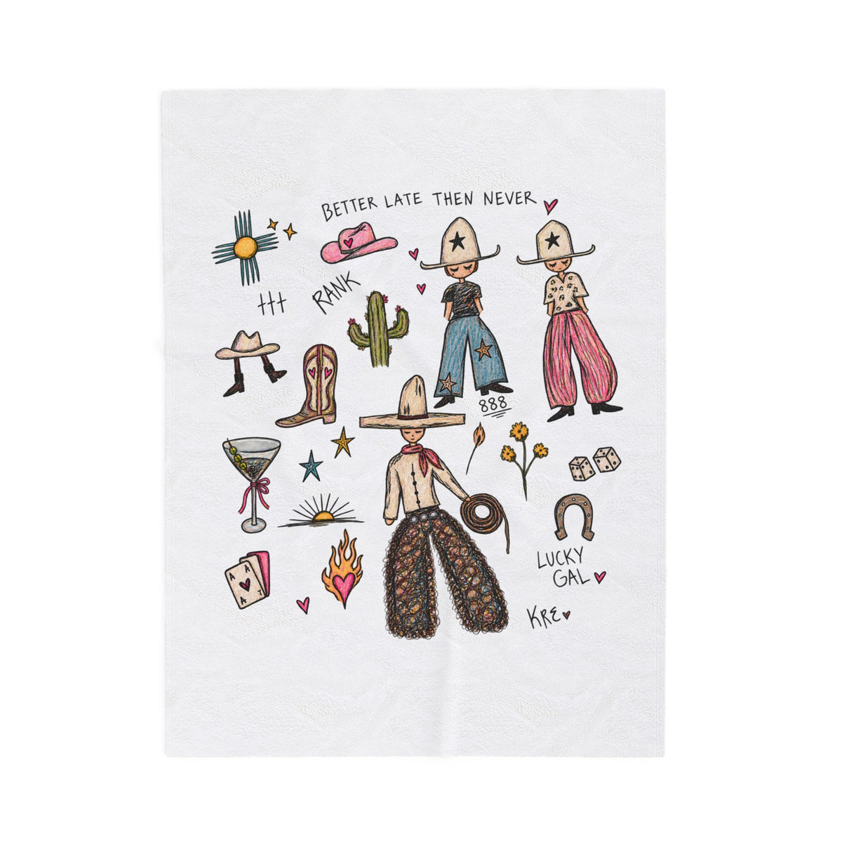 Velveteen Plush Blanket — Western Cowgirl Doodle Throw ("Better Late Than Never")