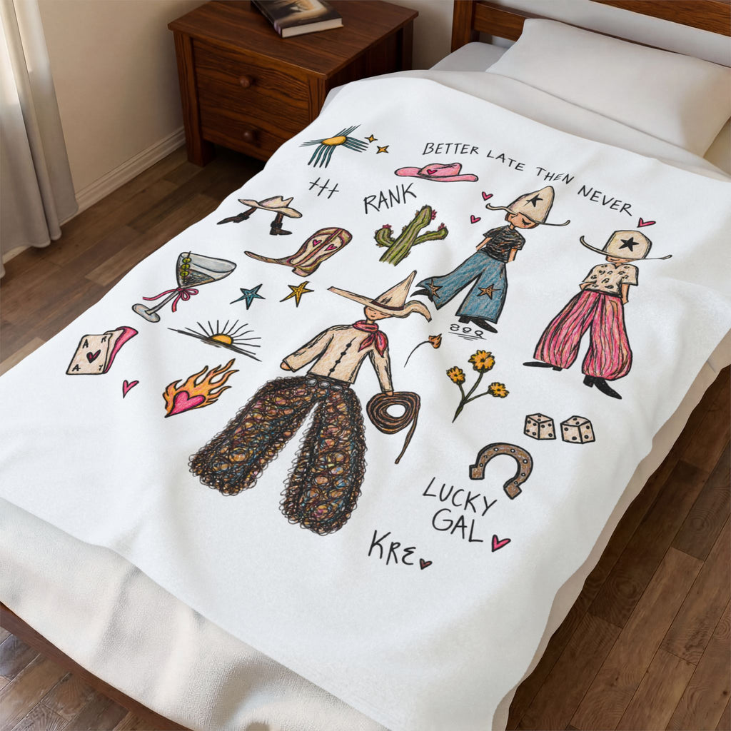 Velveteen Plush Blanket — Western Cowgirl Doodle Throw ("Better Late Than Never")