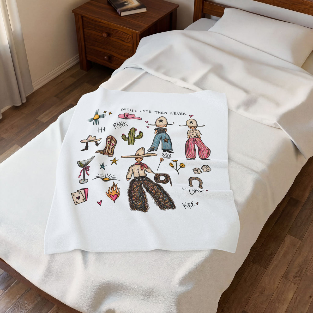 Velveteen Plush Blanket — Western Cowgirl Doodle Throw ("Better Late Than Never")