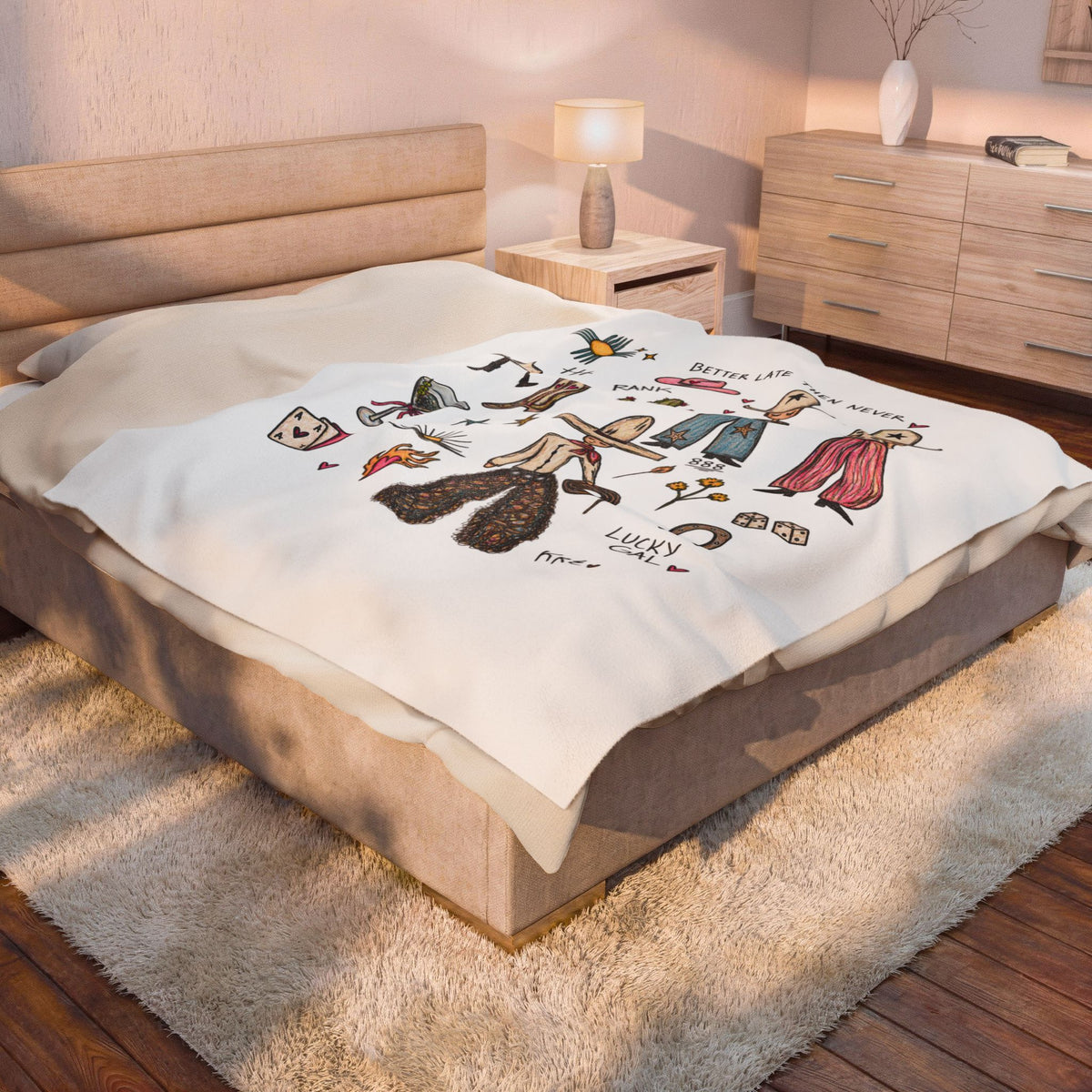 Velveteen Plush Blanket — Western Cowgirl Doodle Throw ("Better Late Than Never")