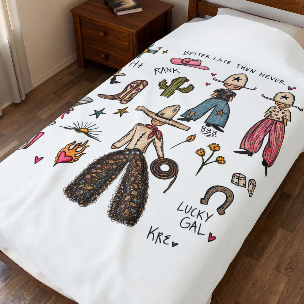 Velveteen Plush Blanket — Western Cowgirl Doodle Throw ("Better Late Than Never")
