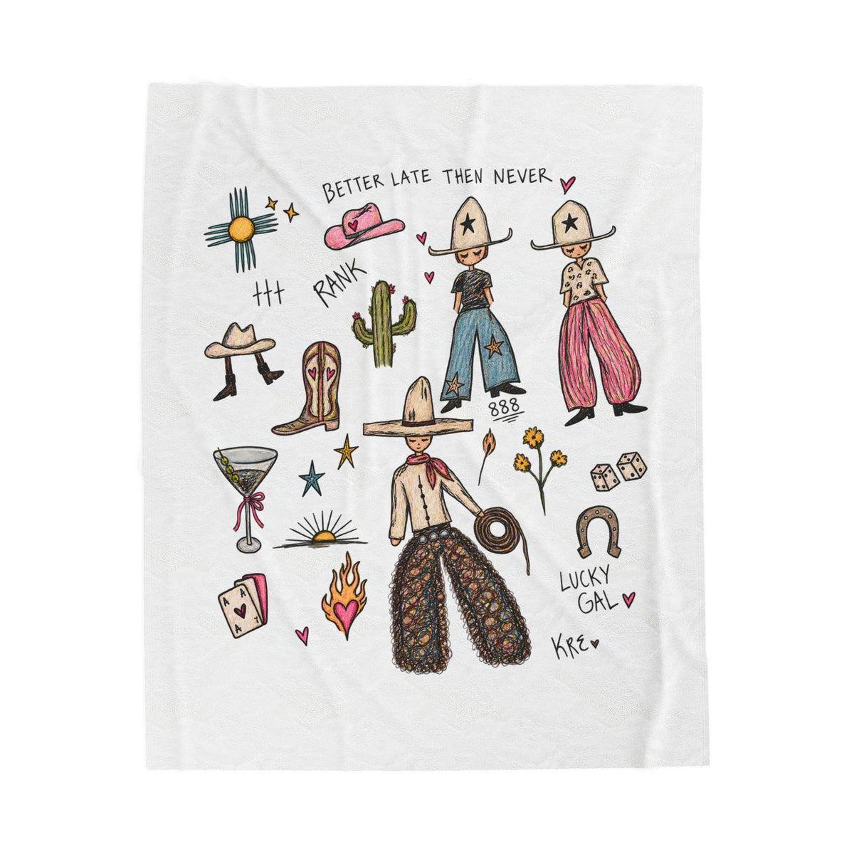 Velveteen Plush Blanket — Western Cowgirl Doodle Throw ("Better Late Than Never")