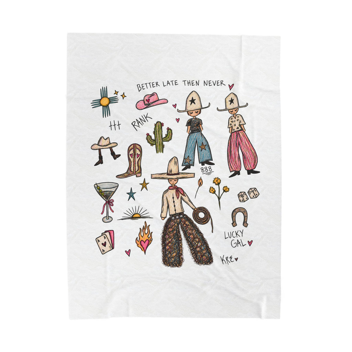 Velveteen Plush Blanket — Western Cowgirl Doodle Throw ("Better Late Than Never")