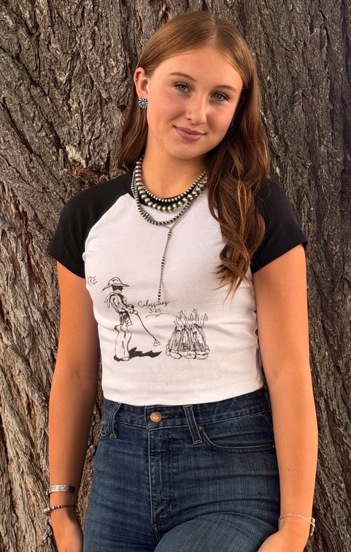 Hand drawn cowboy bible verse raglan baby tee