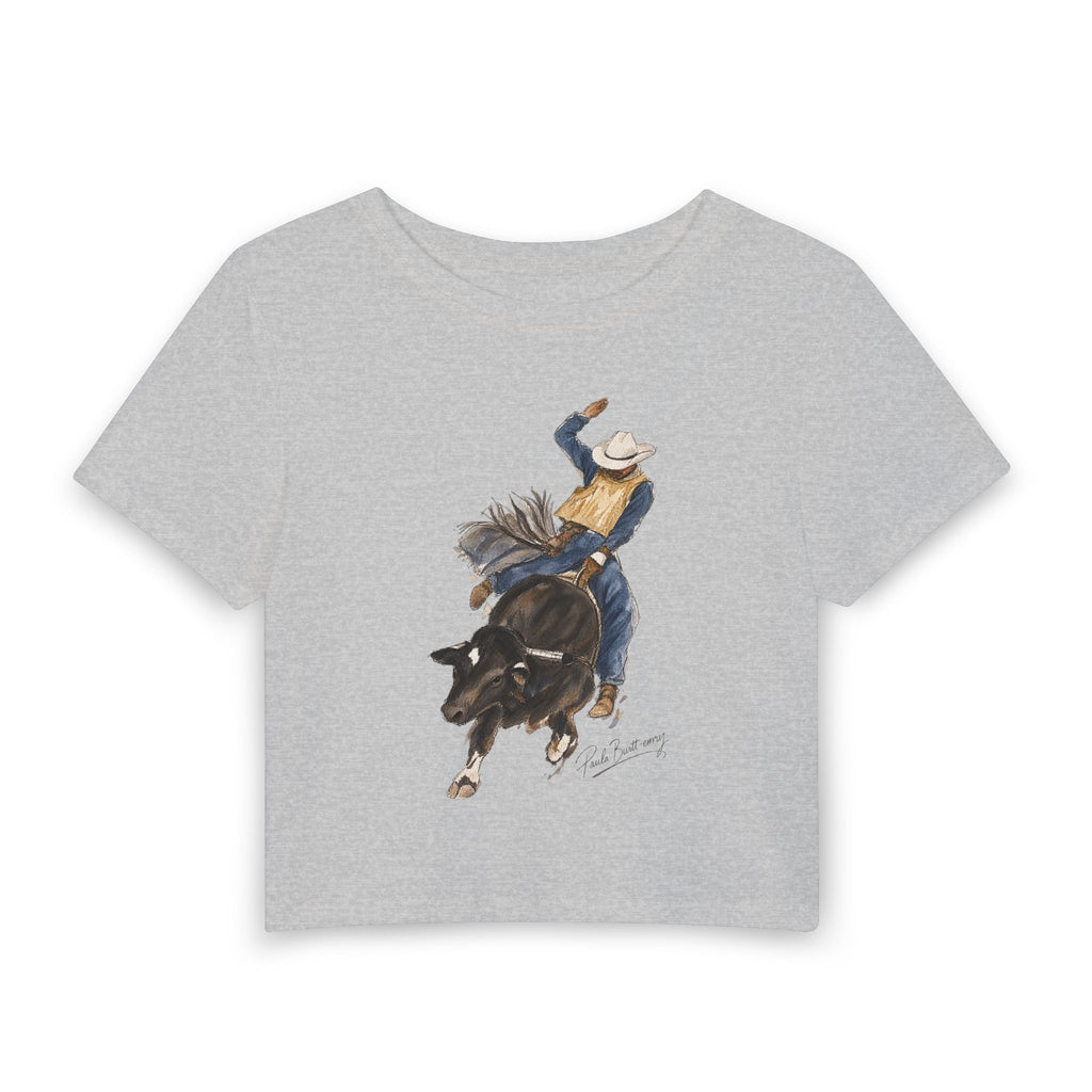 Women's Baby Tee water color bullrider painted by Paula burtt-emry