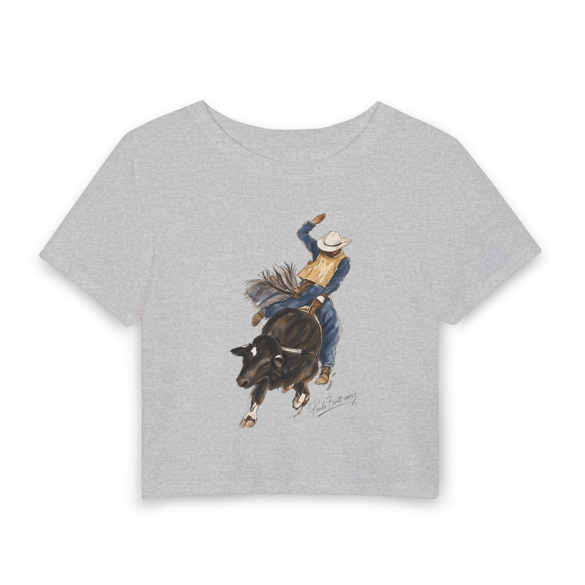 Women's Baby Tee water color bullrider painted by Paula burtt-emry